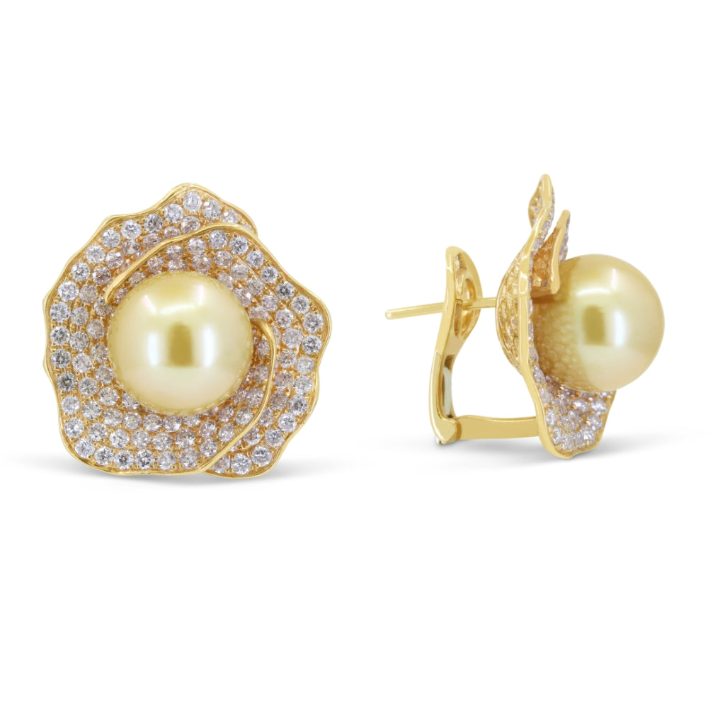 Beautiful Hand Crafted 18K Rose Gold  Pearl And Diamond Aspen Collection Stud Earrings With A Omega Back Closure