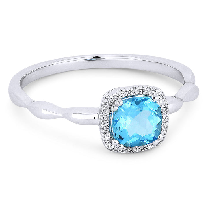 Beautiful Hand Crafted 14K White Gold 5MM Blue Topaz And Diamond Essentials Collection Ring