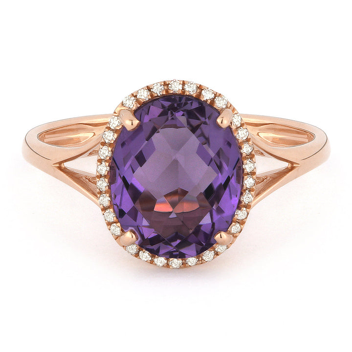 Beautiful Hand Crafted 14K Rose Gold 8X10MM Amethyst And Diamond Essentials Collection Ring