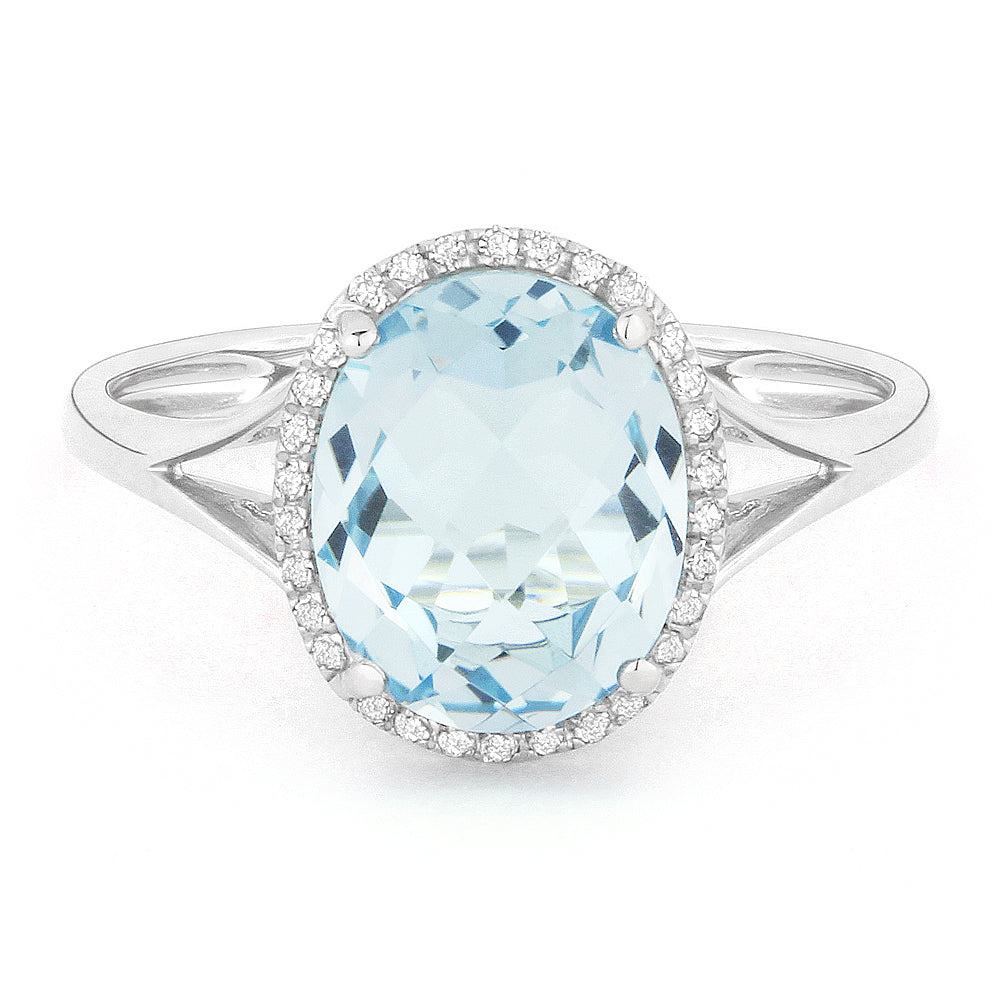 Beautiful Hand Crafted 14K White Gold 8X10MM Blue Topaz And Diamond Essentials Collection Ring