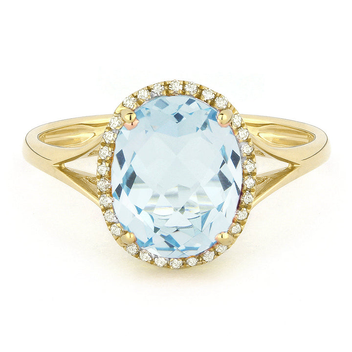 Beautiful Hand Crafted 14K Yellow Gold 8X10MM Blue Topaz And Diamond Essentials Collection Ring