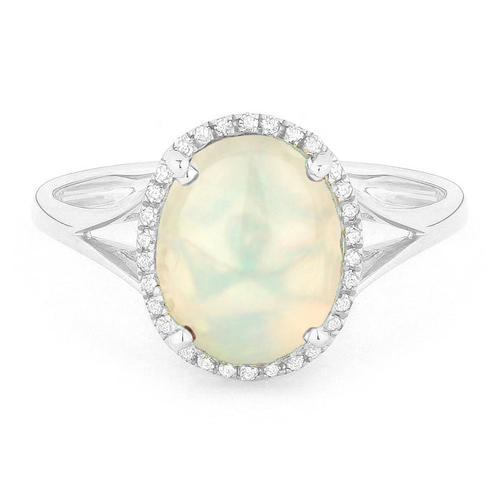 Beautiful Hand Crafted 14K White Gold 8X10MM Created Ethiopian Opal And Diamond Essentials Collection Ring