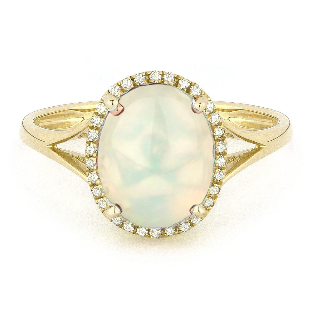 Beautiful Hand Crafted 14K Yellow Gold 8X10MM Created Ethiopian Opal And Diamond Essentials Collection Ring