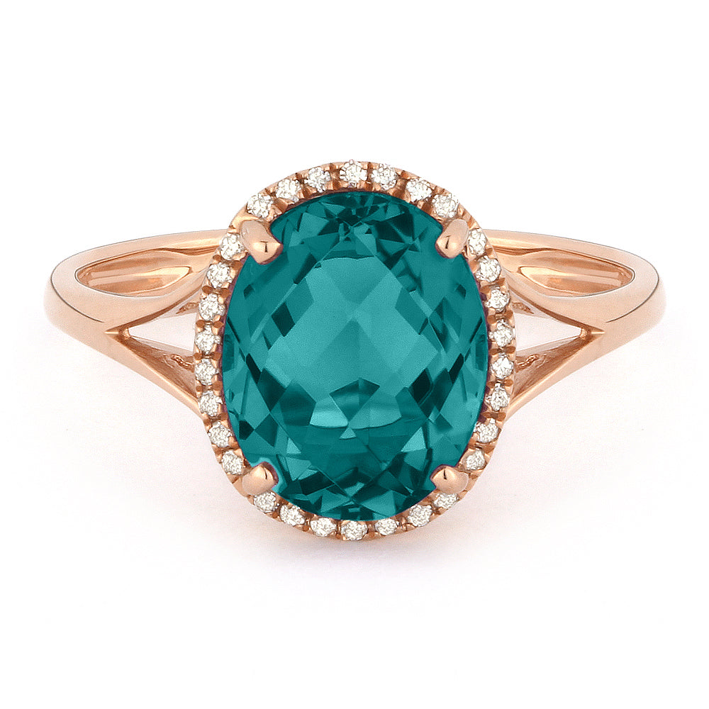 Beautiful Hand Crafted 14K Rose Gold 8X10MM Created Tourmaline Paraiba And Diamond Essentials Collection Ring