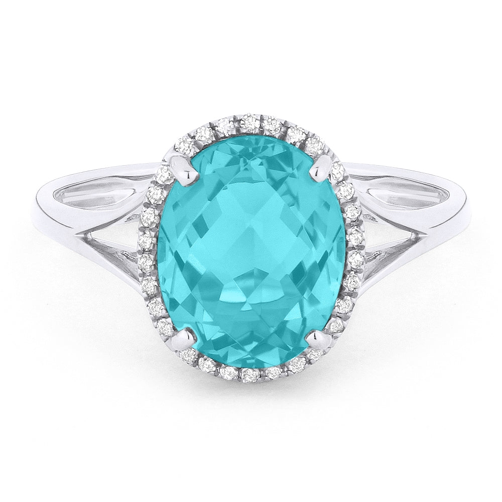 Beautiful Hand Crafted 14K White Gold 8X10MM Created Tourmaline Paraiba And Diamond Essentials Collection Ring