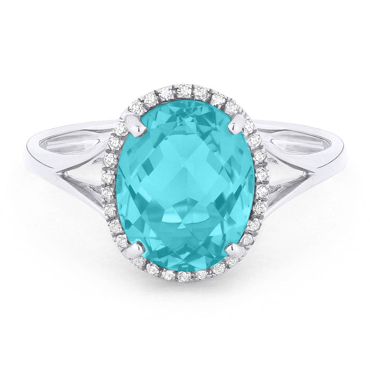 Beautiful Hand Crafted 14K White Gold 8X10MM Created Tourmaline Paraiba And Diamond Essentials Collection Ring