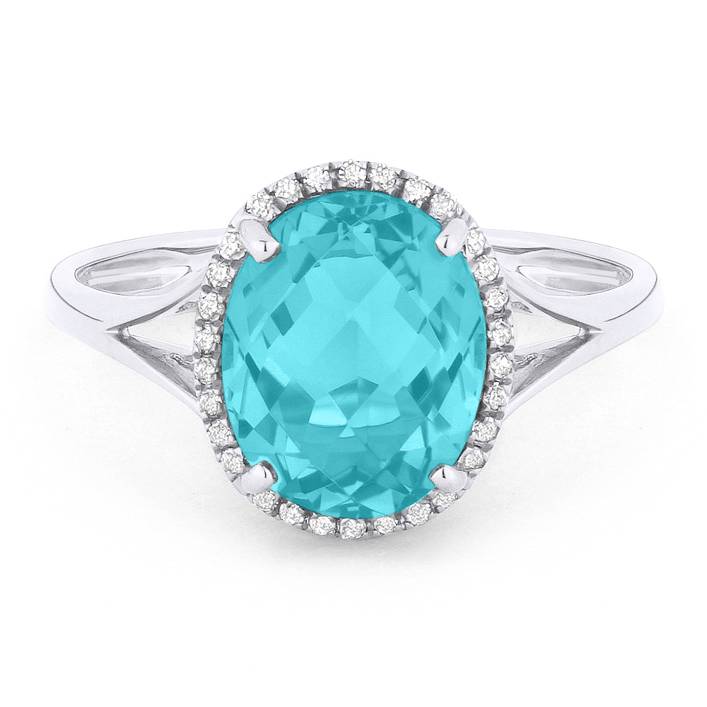 Beautiful Hand Crafted 14K White Gold 8X10MM Created Tourmaline Paraiba And Diamond Essentials Collection Ring