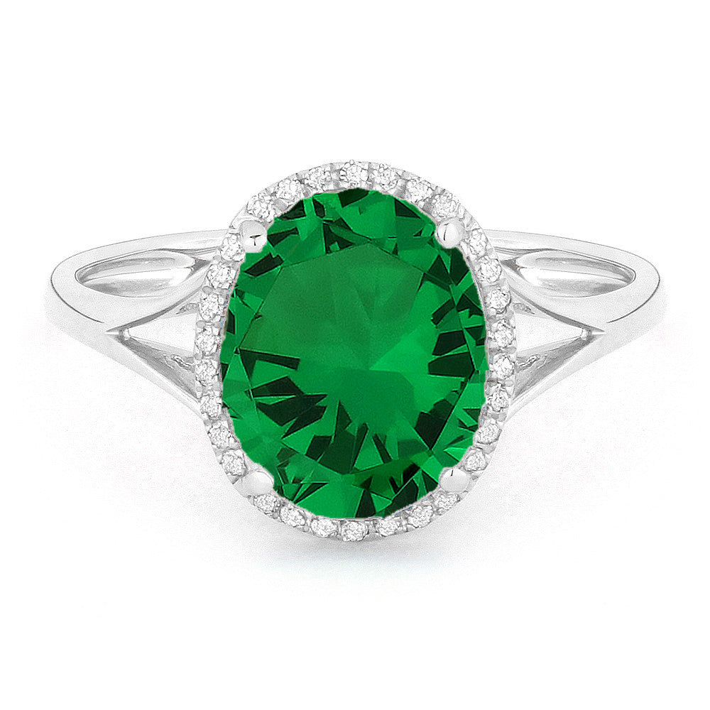 Beautiful Hand Crafted 14K White Gold 8X10MM Created Emerald And Diamond Essentials Collection Ring