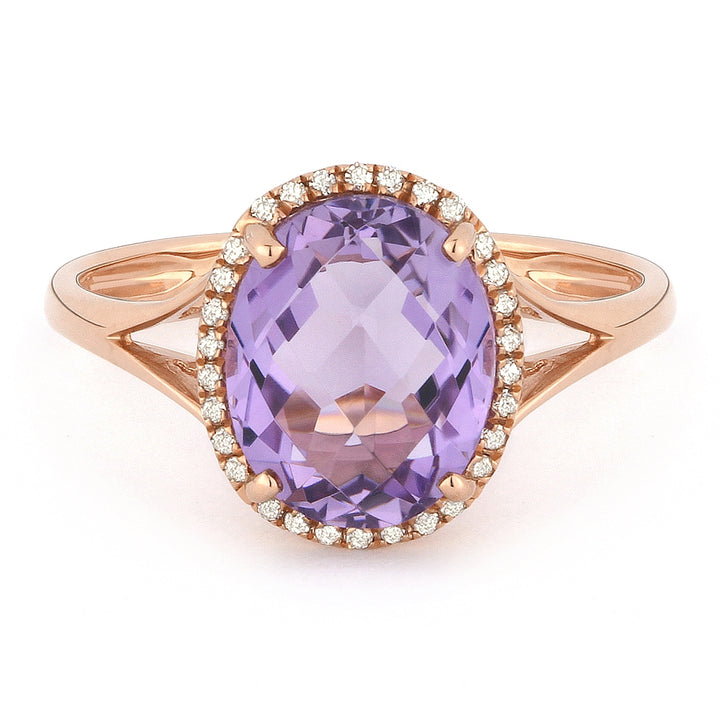 Beautiful Hand Crafted 14K Rose Gold 8X10MM Pink Amethyst And Diamond Essentials Collection Ring