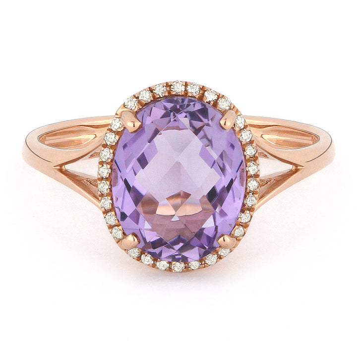 Beautiful Hand Crafted 14K Rose Gold 8X10MM Pink Amethyst And Diamond Essentials Collection Ring