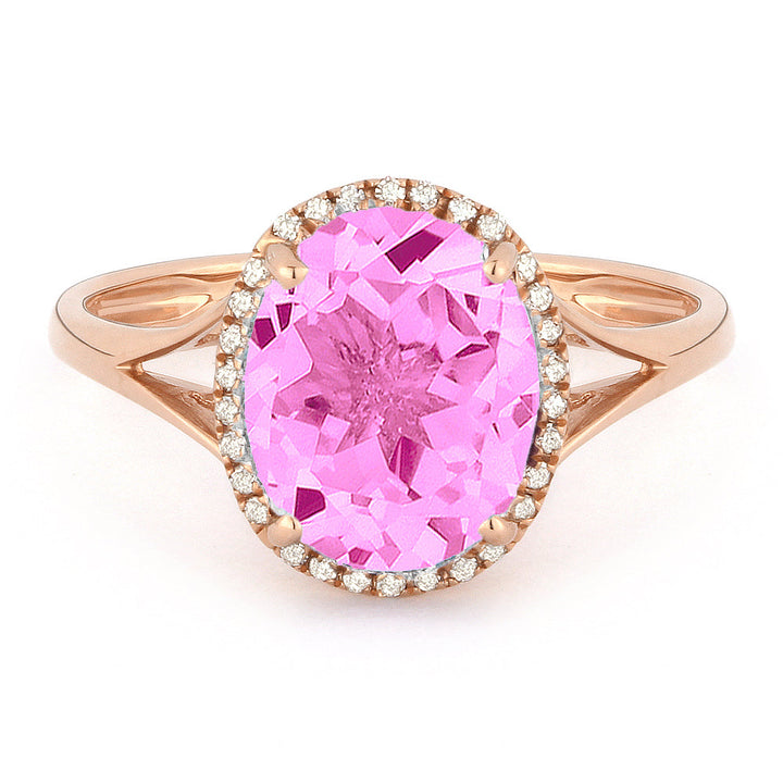 Beautiful Hand Crafted 14K Rose Gold 8X10MM Created Pink Sapphire And Diamond Essentials Collection Ring