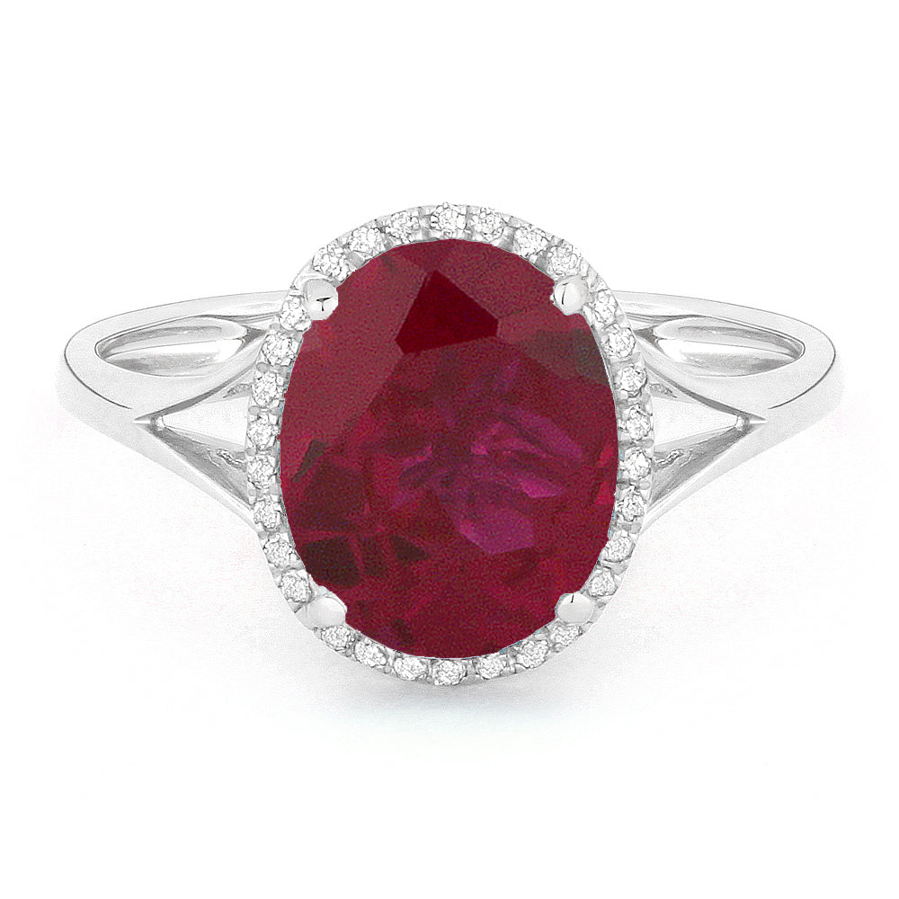 Beautiful Hand Crafted 14K White Gold 8X10MM Created Ruby And Diamond Essentials Collection Ring