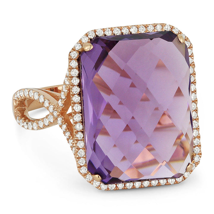 Beautiful Hand Crafted 14K Rose Gold 12x16MM Amethyst And Diamond Essentials Collection Ring
