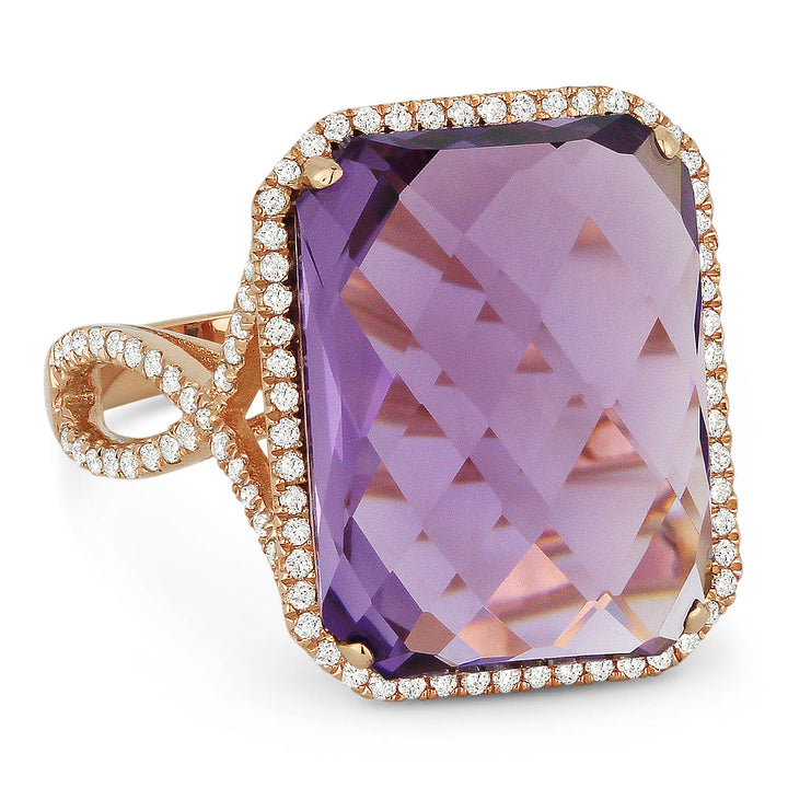 Beautiful Hand Crafted 14K Rose Gold 12X16MM Amethyst And Diamond Essentials Collection Ring