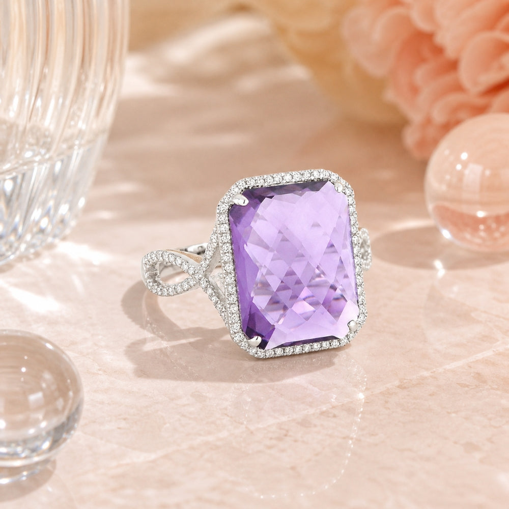 R1062 - 14K White Gold Amethyst & Created Green Spinel Rectangle Ring