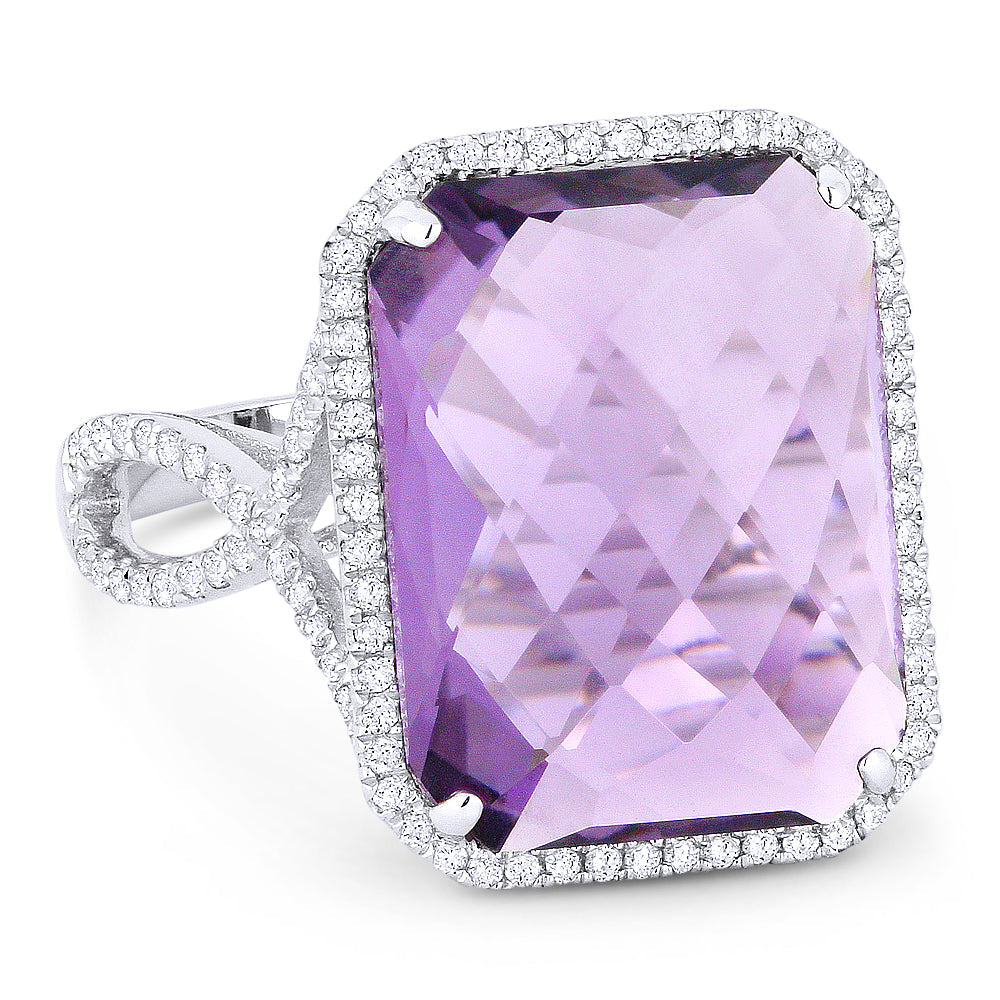 Beautiful Hand Crafted 14K White Gold 12x16MM Amethyst And Diamond Essentials Collection Ring
