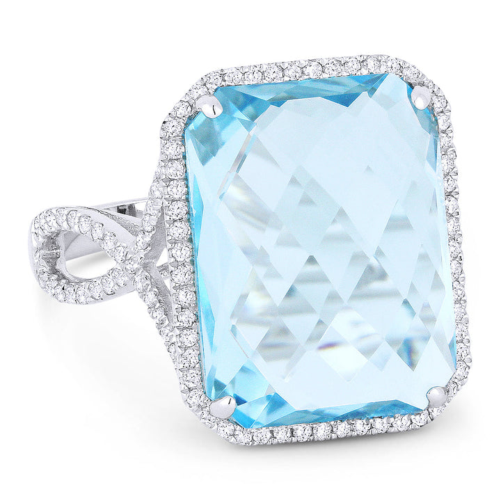 Beautiful Hand Crafted 14K White Gold 12x16MM Blue Topaz And Diamond Essentials Collection Ring