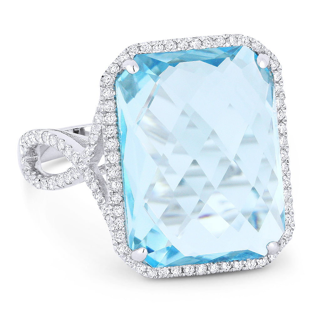 Beautiful Hand Crafted 14K White Gold 12X16MM Blue Topaz And Diamond Essentials Collection Ring