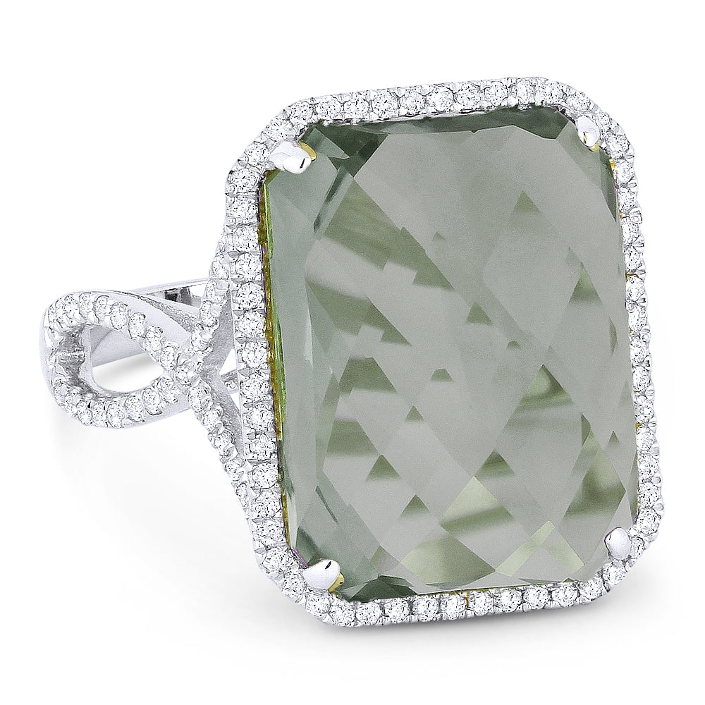 Beautiful Hand Crafted 14K White Gold 12X16MM Created Green Spinel And Diamond Essentials Collection Ring