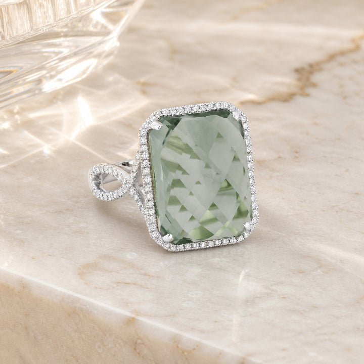 R1062 - 14K White Gold Amethyst & Created Green Spinel Rectangle Ring
