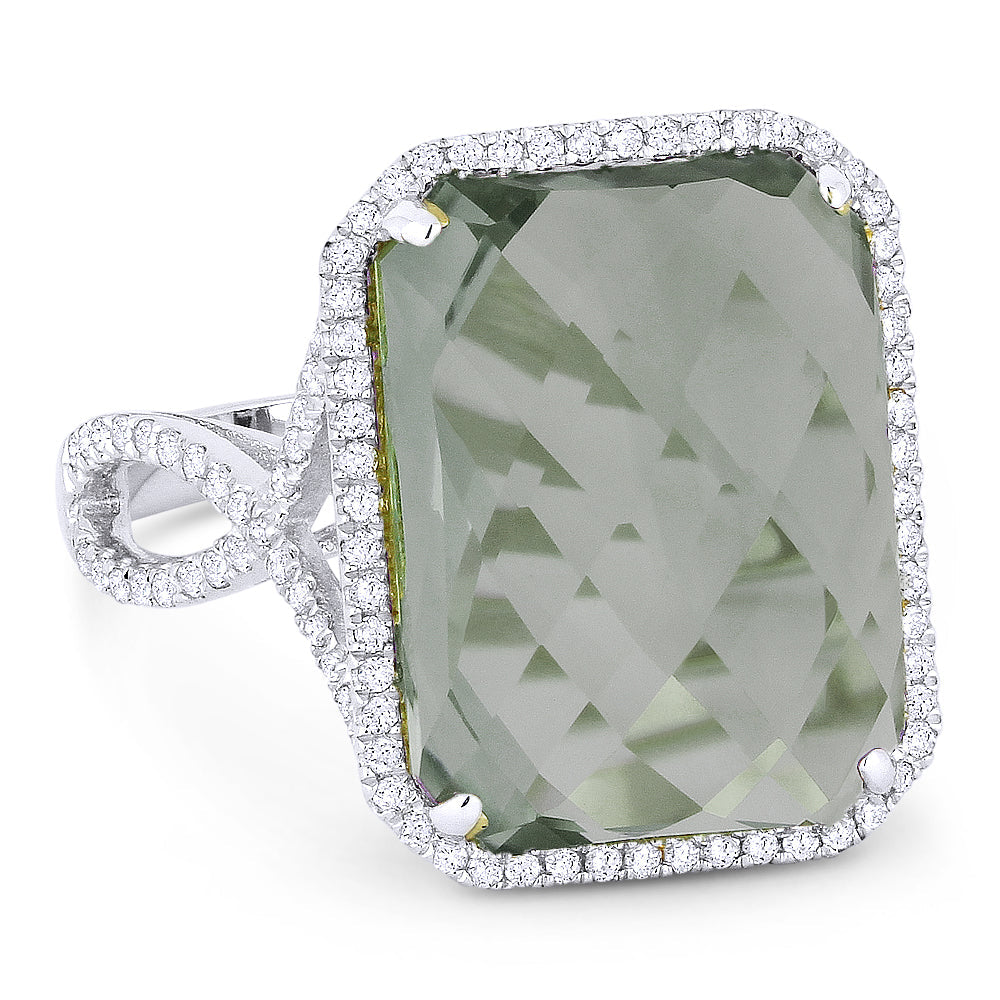 Beautiful Hand Crafted 14K White Gold 12x16MM Created Green Spinel And Diamond Essentials Collection Ring