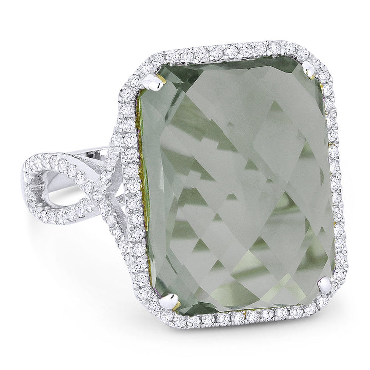 Beautiful Hand Crafted 14K White Gold 12X16MM Created Green Spinel And Diamond Essentials Collection Ring