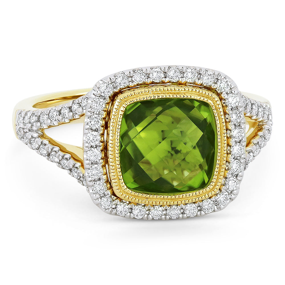 Beautiful Hand Crafted 14K Yellow Gold 8MM Peridot And Diamond Essentials Collection Ring
