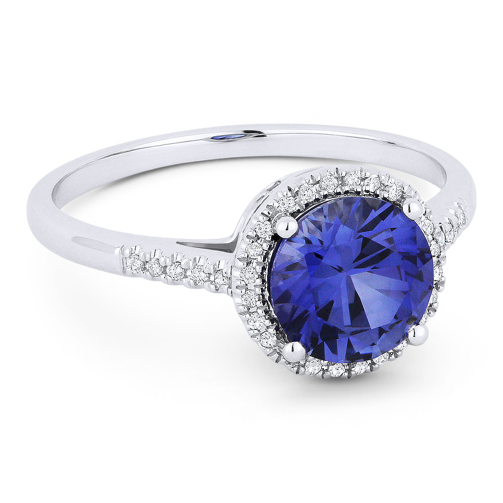 Beautiful Hand Crafted 14K White Gold 7MM Created Sapphire And Diamond Essentials Collection Ring