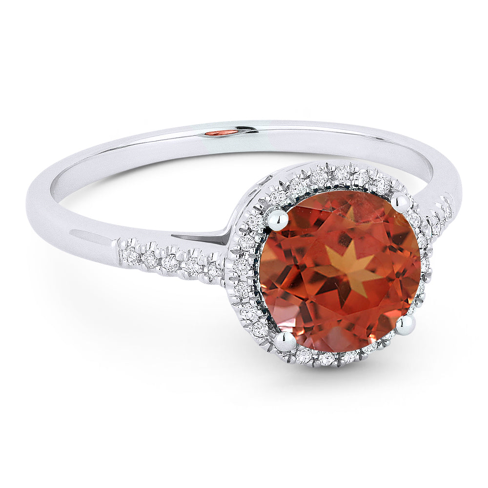 Beautiful Hand Crafted 14K White Gold 7MM Created Padparadscha And Diamond Essentials Collection Ring