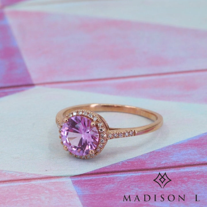 Madison L 14K Rose Gold Created Pink Sapphire Round Ring - style R1065PCP - view 2