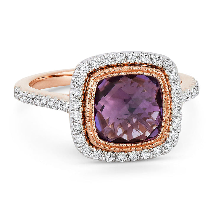 Beautiful Hand Crafted 14K Rose Gold 8MM Amethyst And Diamond Essentials Collection Ring