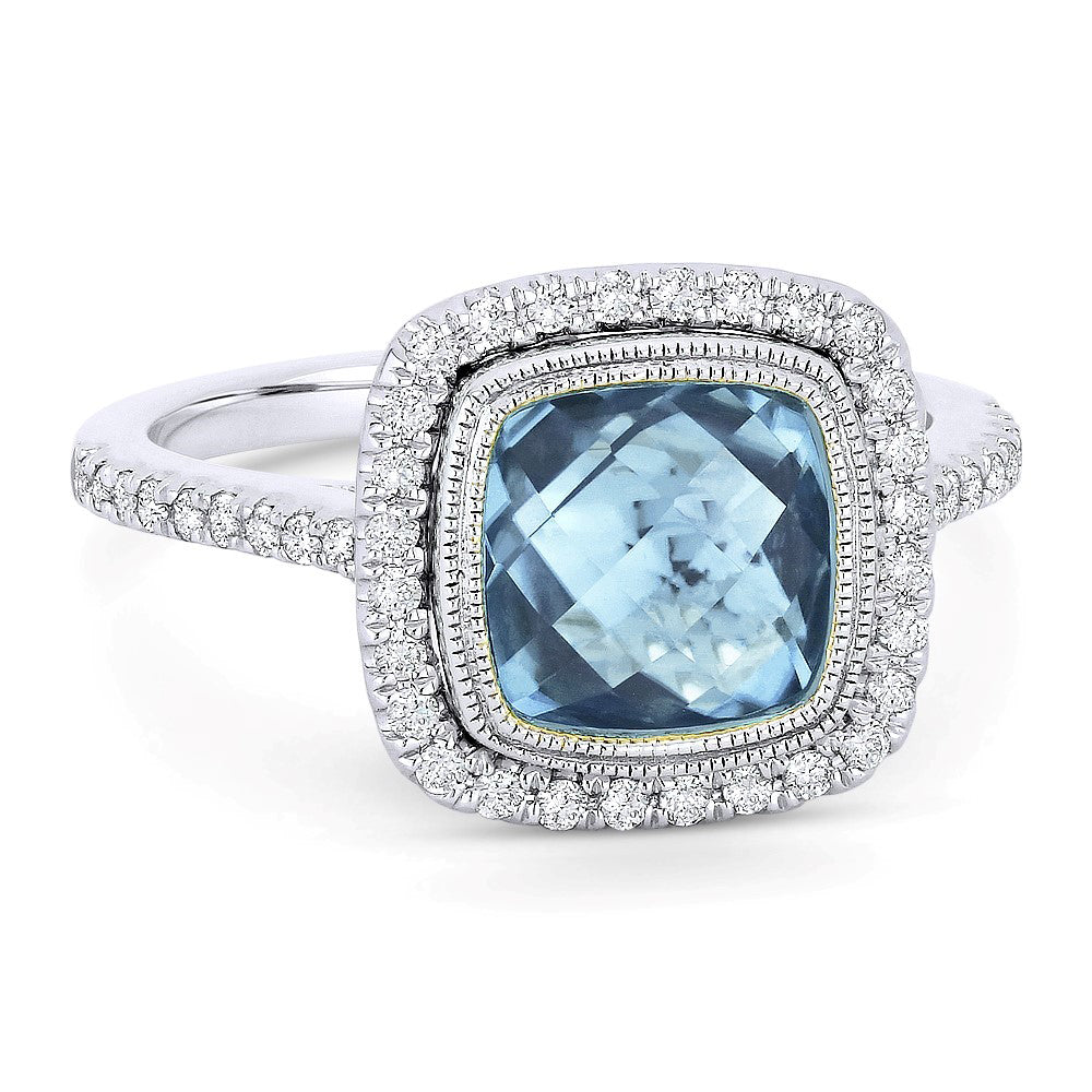 Beautiful Hand Crafted 14K White Gold 8MM Blue Topaz And Diamond Essentials Collection Ring