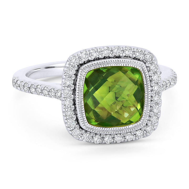 Beautiful Hand Crafted 14K White Gold 8MM Peridot And Diamond Essentials Collection Ring