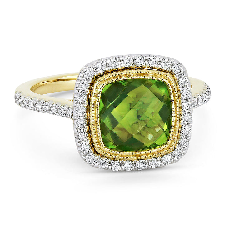 Beautiful Hand Crafted 14K Yellow Gold 8MM Peridot And Diamond Essentials Collection Ring