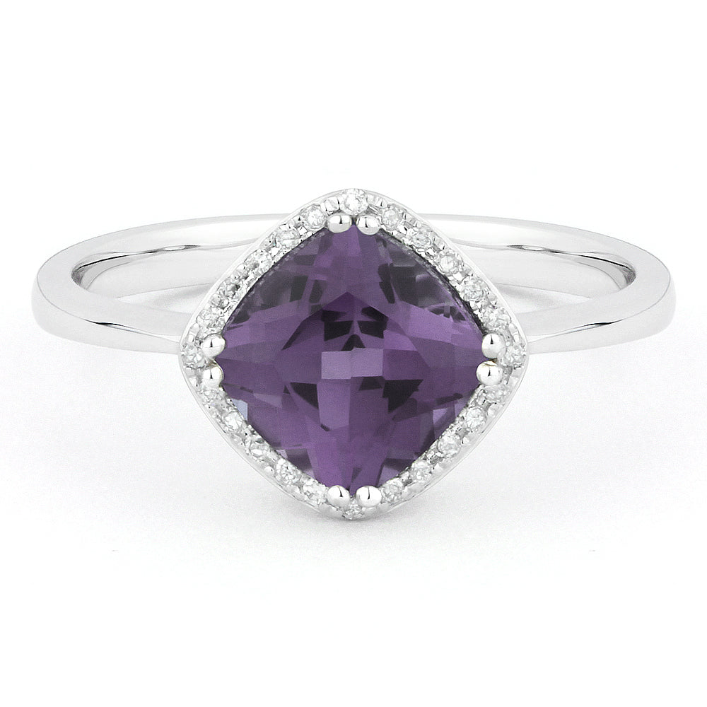 Beautiful Hand Crafted 14K White Gold 7x7MM Created Alexandrite And Diamond Essentials Collection Ring