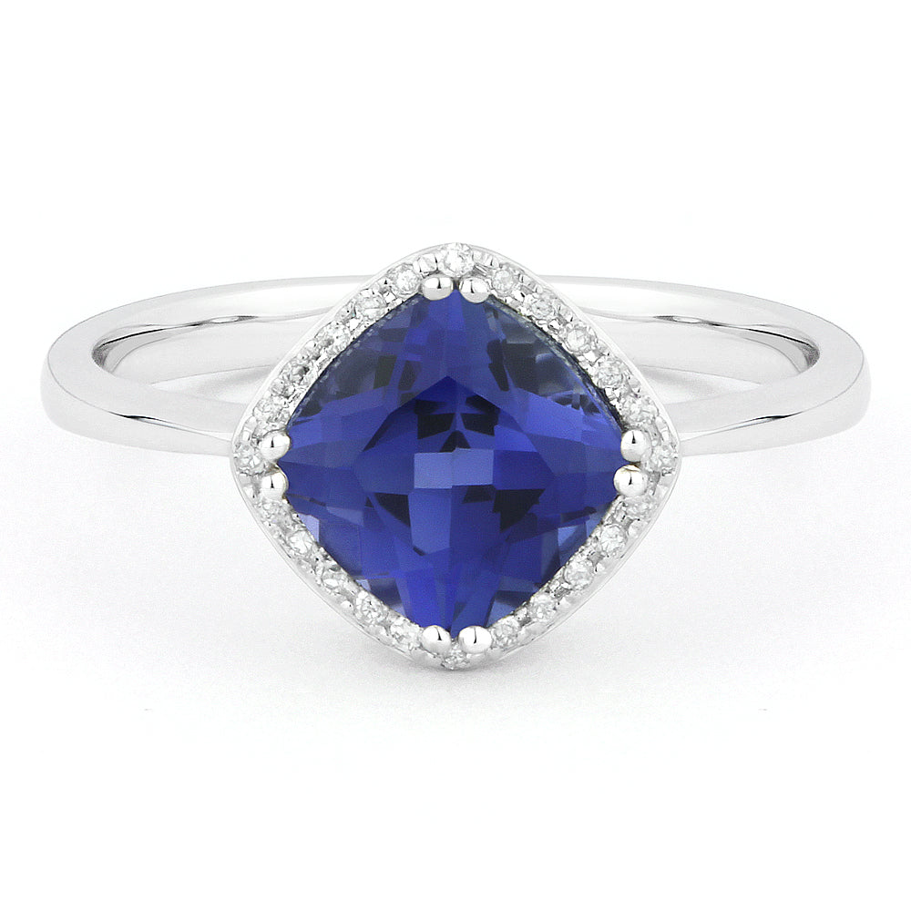 Beautiful Hand Crafted 14K White Gold 7x7MM Created Sapphire And Diamond Essentials Collection Ring