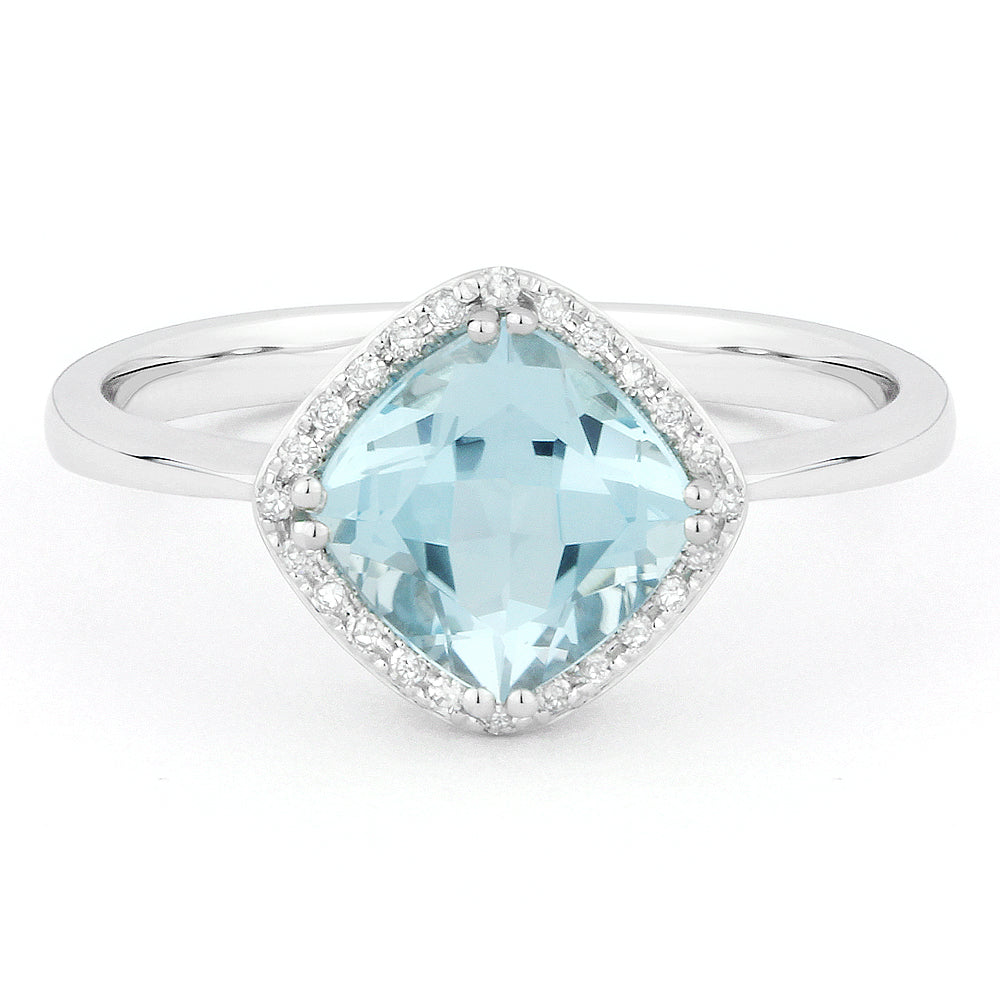 Beautiful Hand Crafted 14K White Gold 7X7MM Blue Topaz And Diamond Essentials Collection Ring