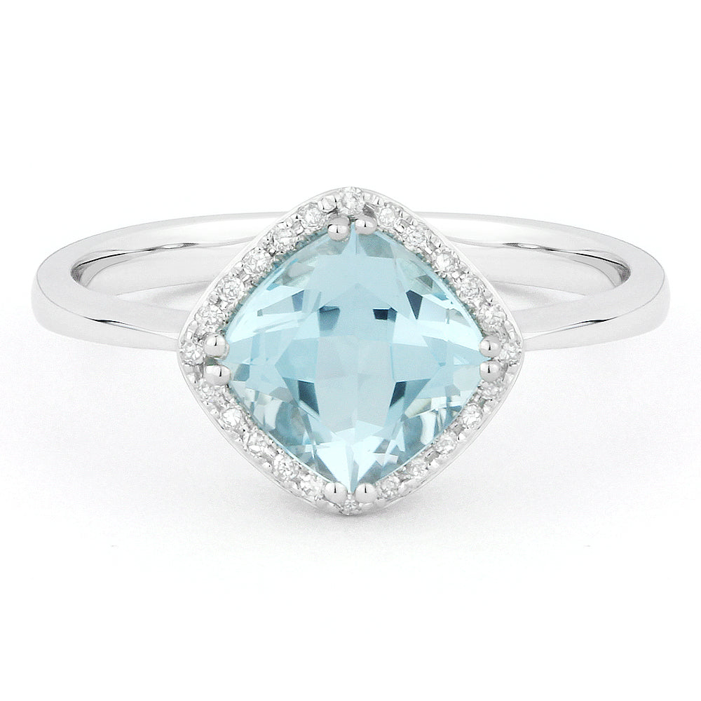 Beautiful Hand Crafted 14K White Gold 7x7MM Blue Topaz And Diamond Essentials Collection Ring