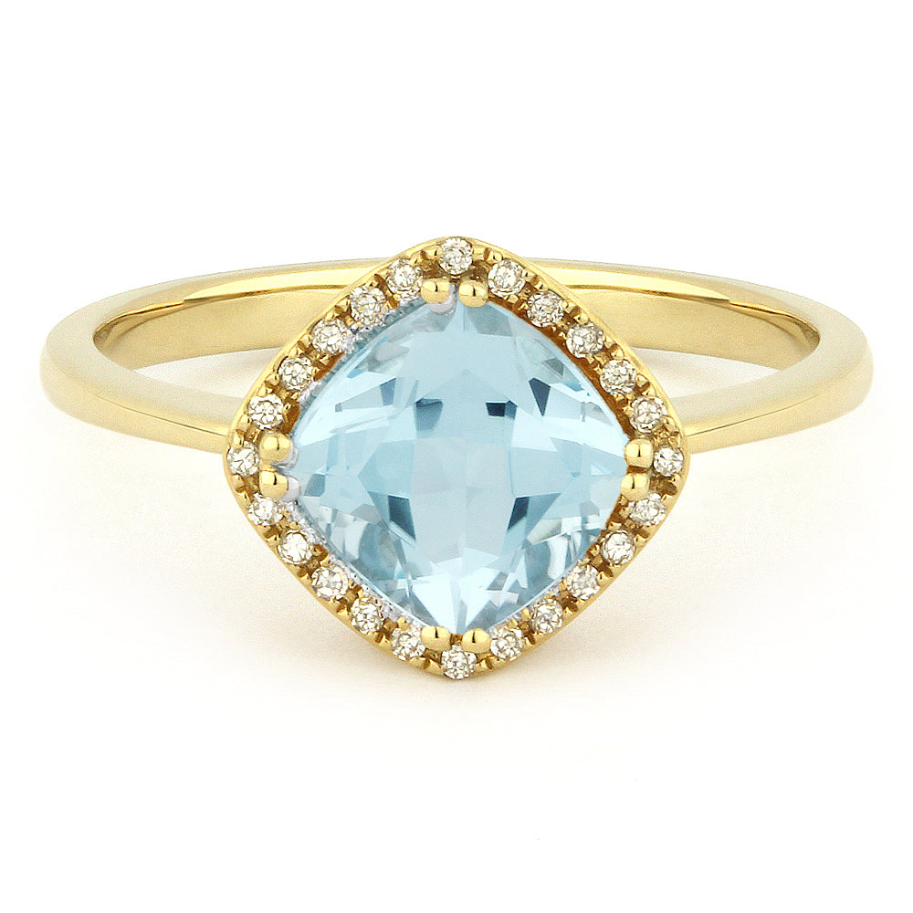 Beautiful Hand Crafted 14K Yellow Gold 7x7MM Blue Topaz And Diamond Essentials Collection Ring