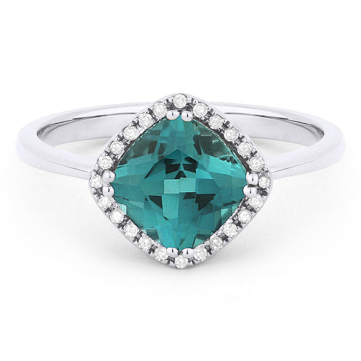 Beautiful Hand Crafted 14K White Gold 7X7MM Created Tourmaline Paraiba And Diamond Essentials Collection Ring