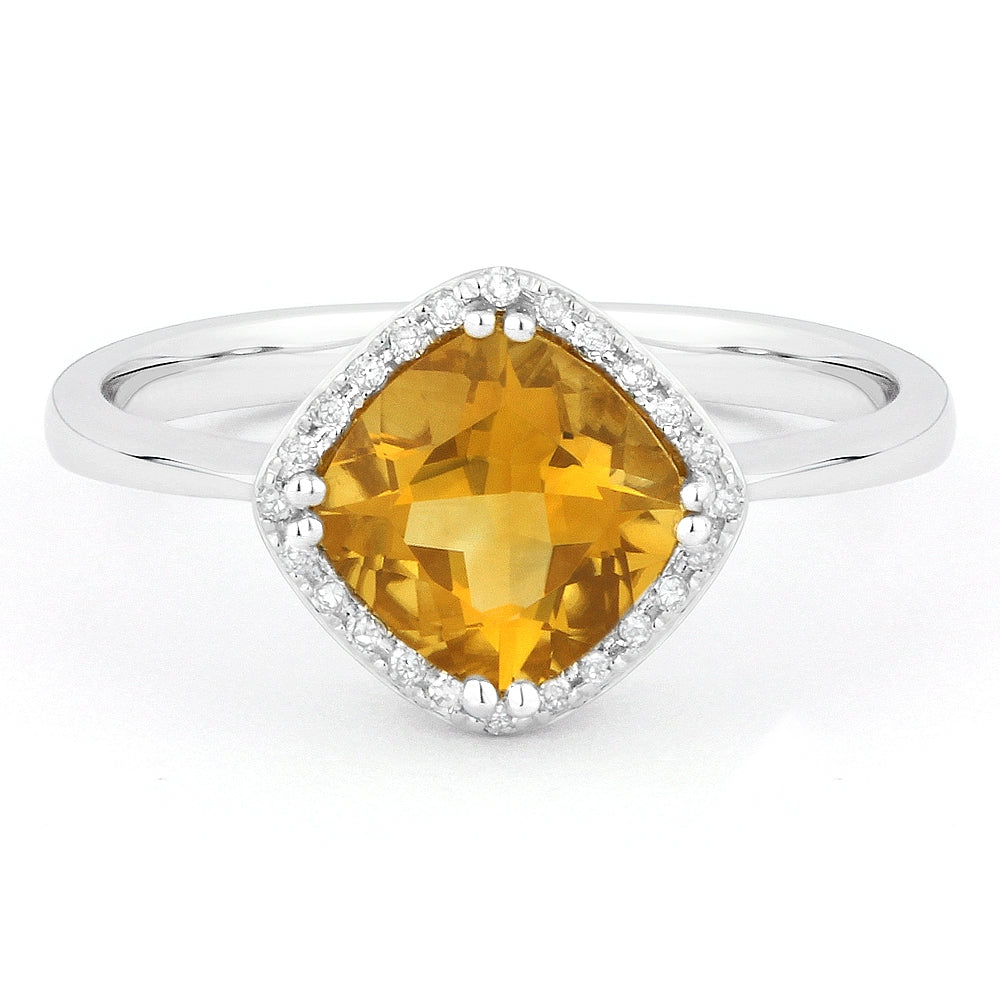 Beautiful Hand Crafted 14K White Gold 7X7MM Citrine And Diamond Essentials Collection Ring
