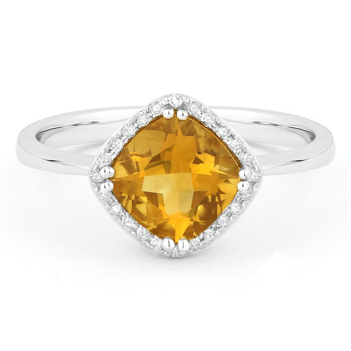 Beautiful Hand Crafted 14K White Gold 7X7MM Citrine And Diamond Essentials Collection Ring