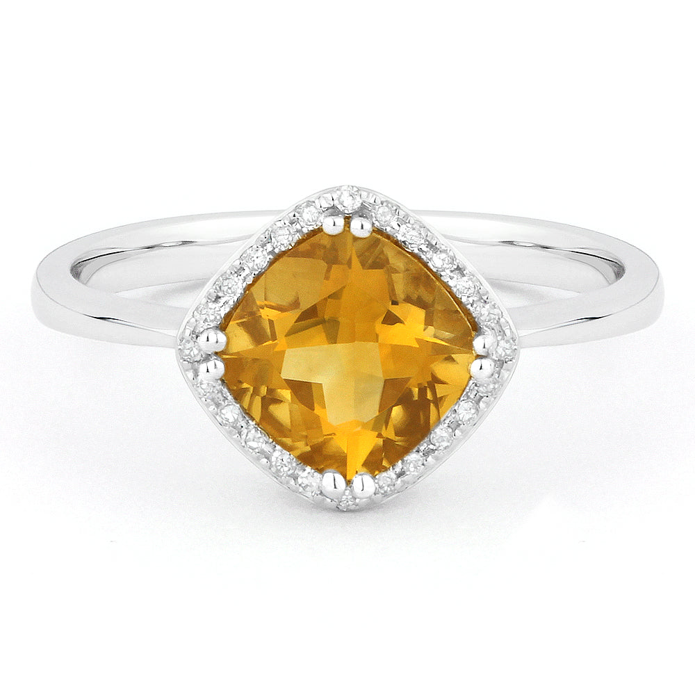 Beautiful Hand Crafted 14K White Gold 7x7MM Citrine And Diamond Essentials Collection Ring