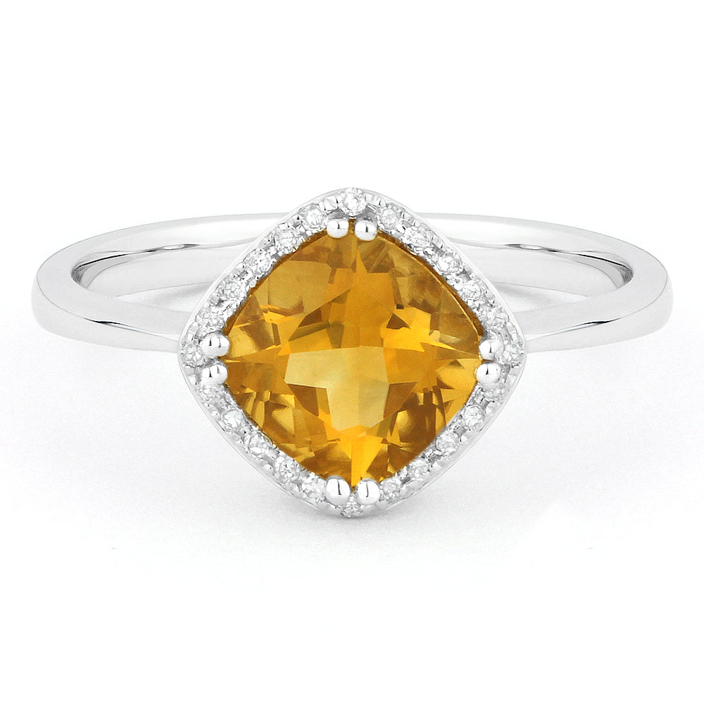 Beautiful Hand Crafted 14K White Gold 7X7MM Citrine And Diamond Essentials Collection Ring