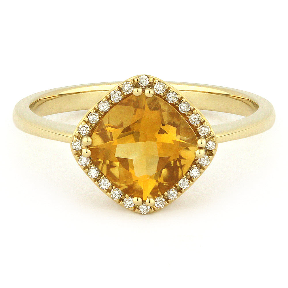 Beautiful Hand Crafted 14K Yellow Gold 7X7MM Citrine And Diamond Essentials Collection Ring