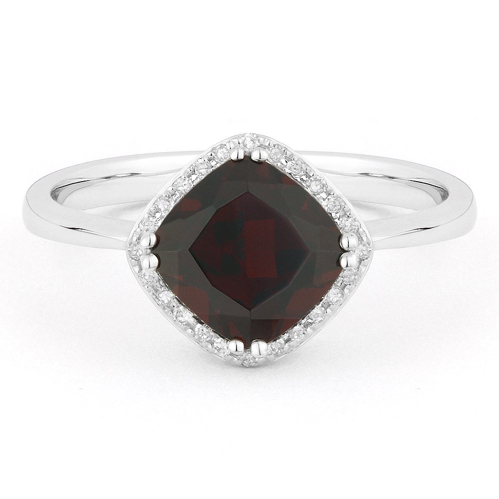 Beautiful Hand Crafted 14K White Gold 7X7MM Garnet And Diamond Essentials Collection Ring