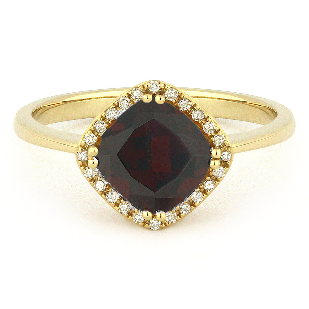 Beautiful Hand Crafted 14K Yellow Gold 7x7MM Garnet And Diamond Essentials Collection Ring