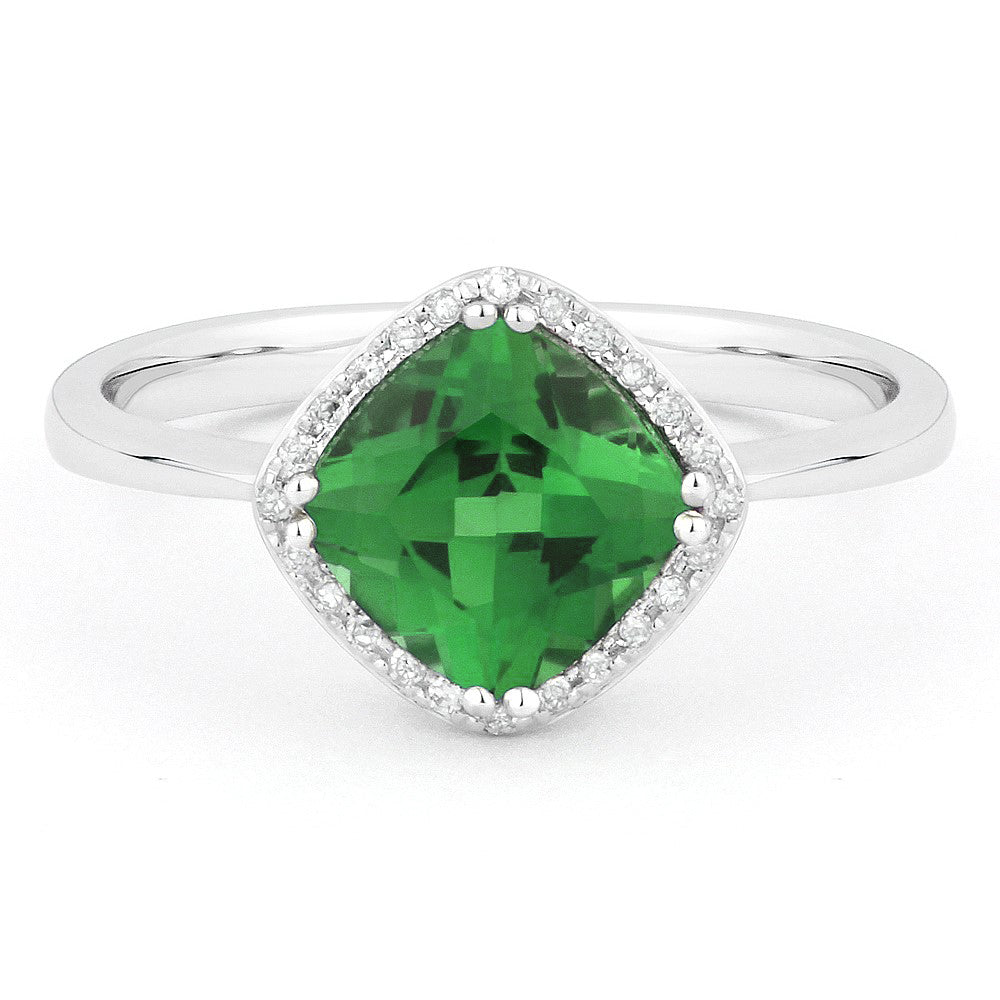 Beautiful Hand Crafted 14K White Gold 7X7MM Created Emerald And Diamond Essentials Collection Ring