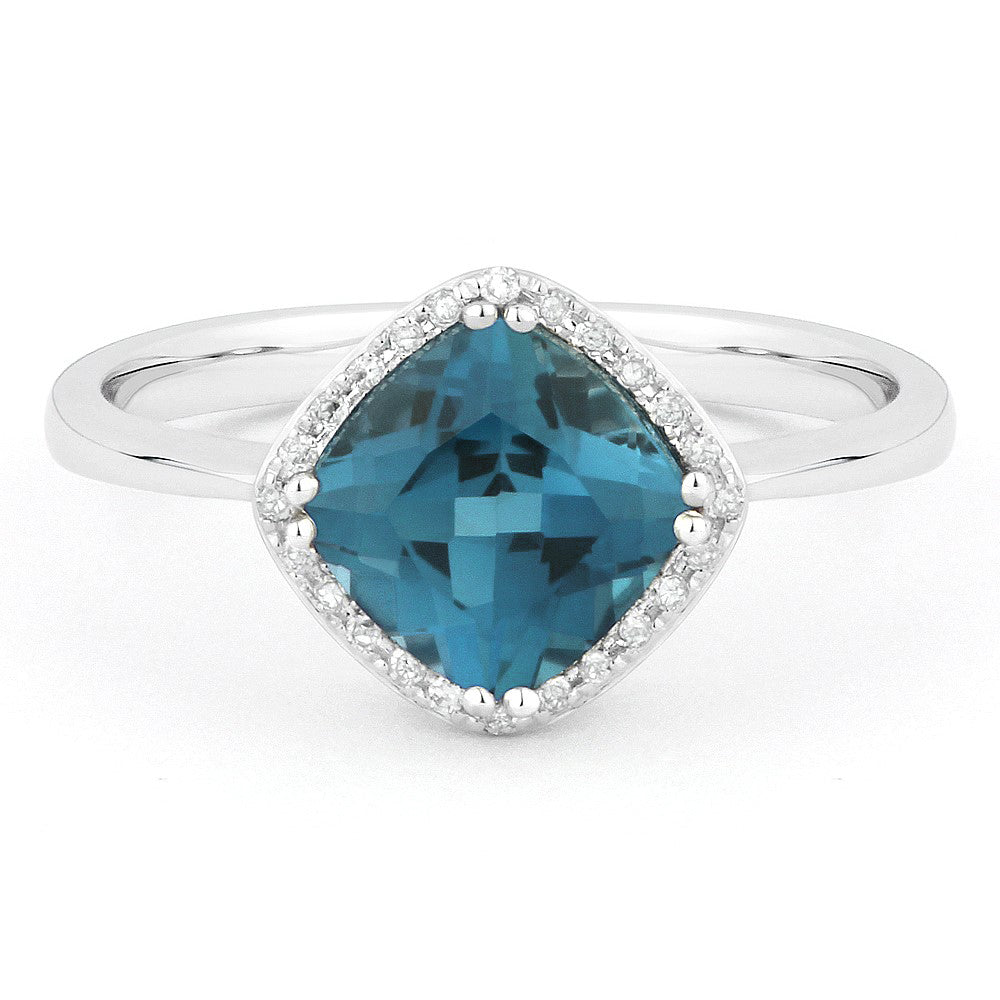 Beautiful Hand Crafted 14K White Gold 7X7MM London Blue Topaz And Diamond Essentials Collection Ring