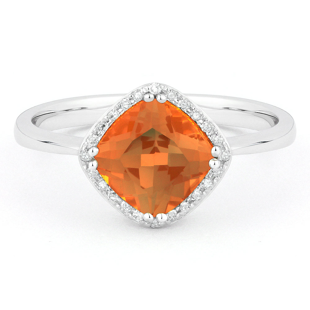 Beautiful Hand Crafted 14K White Gold 7x7MM Created Padparadscha And Diamond Essentials Collection Ring